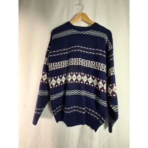 Vintage Whitefish Bay Mens‎ Blue Geometric Fair Isle Knit Sweater Size M Hungary